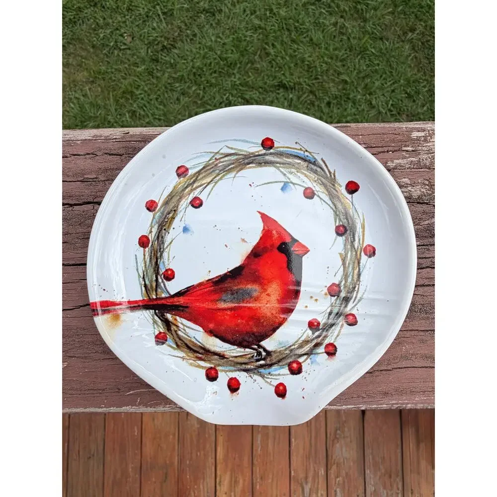 DEMDACO Dean Crouser Cardinal Holly Wreath Ceramic Spoon Rest Winter Christmas